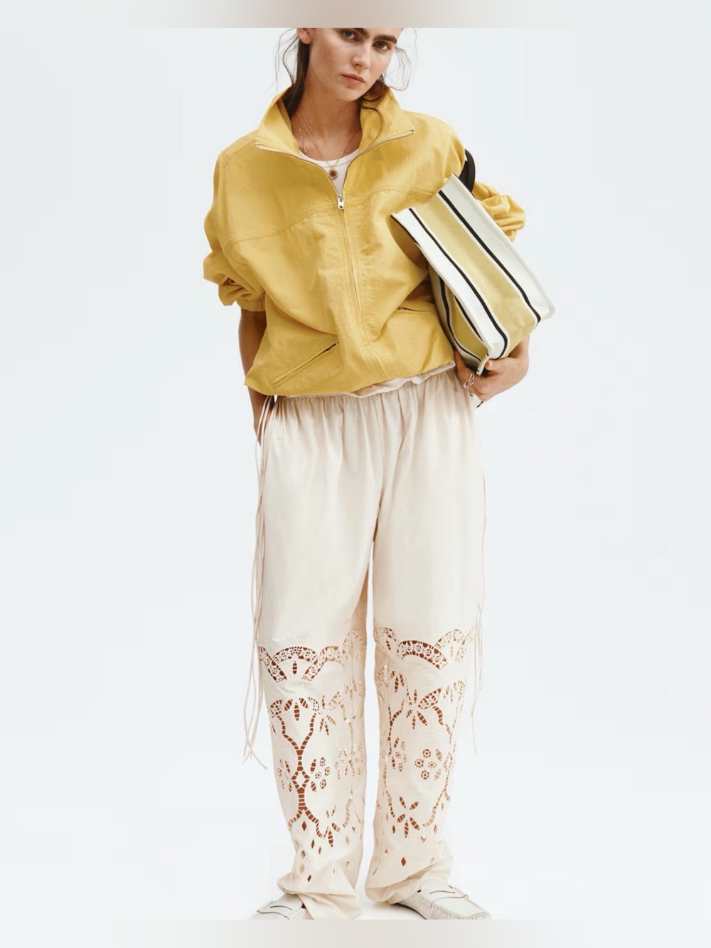 H&M Drawstring Pants With Eyelet Embroidery Beige NWT size Medium